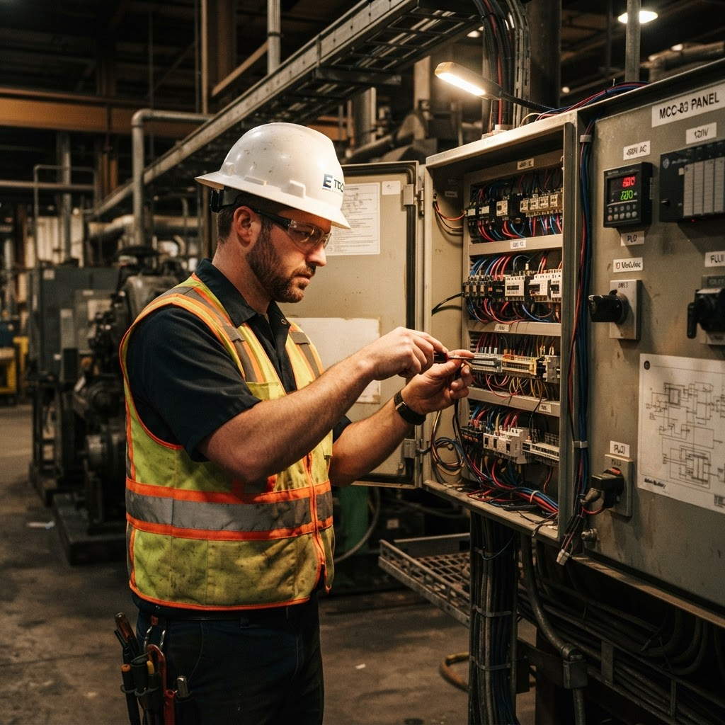 Ingeniero de campo trabajando en un cuadro eléctrico industrial