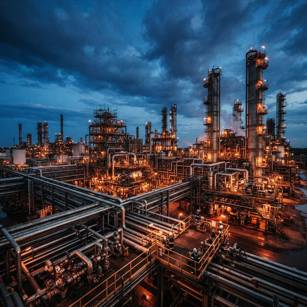 Planta de proceso industrial con instrumentación al atardecer